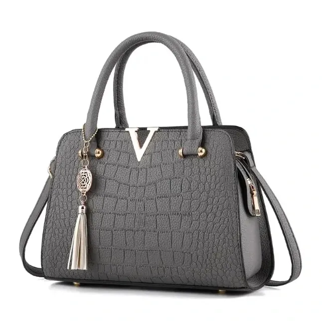 Croc Leather handbag with Tassel. (Black)